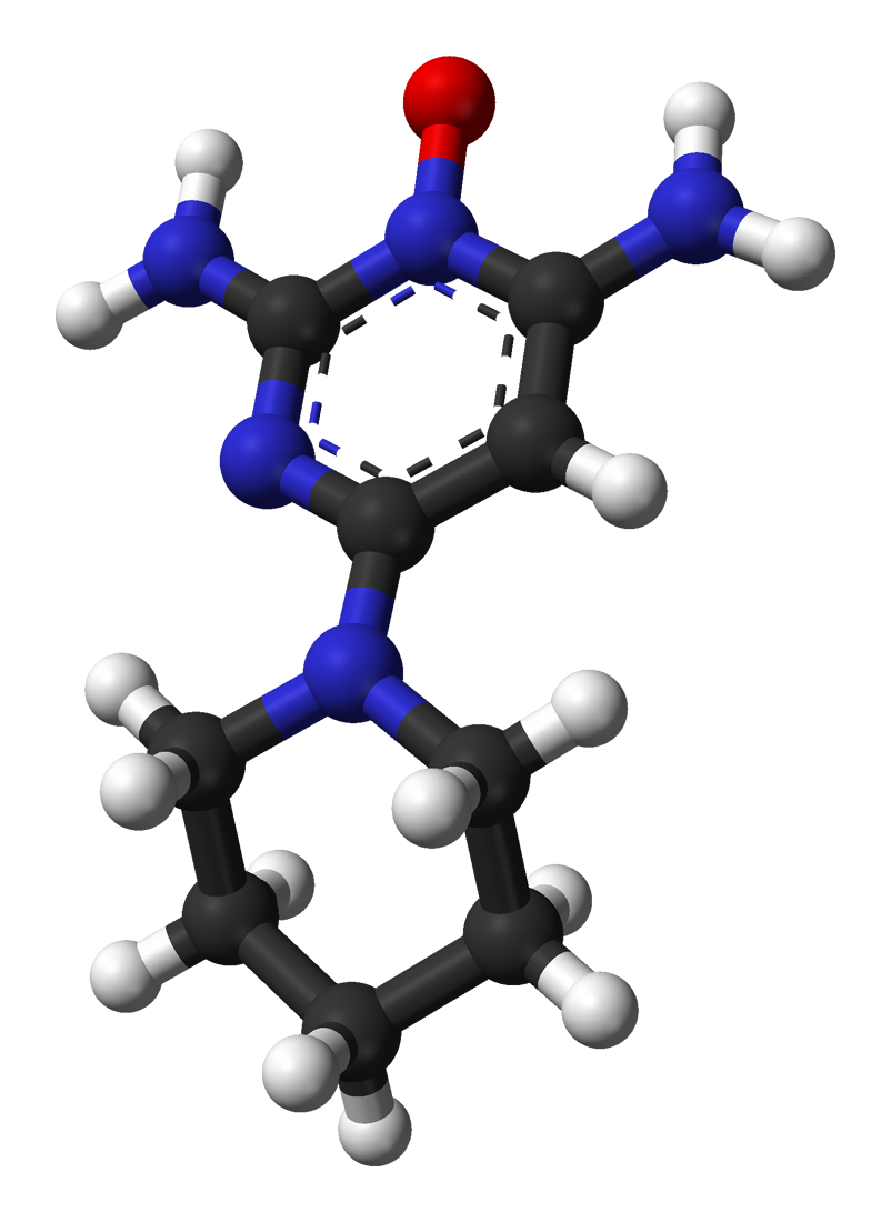 Ball-and-stick model of the minoxidil molecule, C 9 H 15 N 5 O. Structural data from Hiroyuki Akama, Masayuki Haramura, Akito Tanaka, Toshio Akimoto, Noriaki Hirayama (2004). "Crystal Structure of Minoxidil". Analytical Sciences 20 : x29-x3