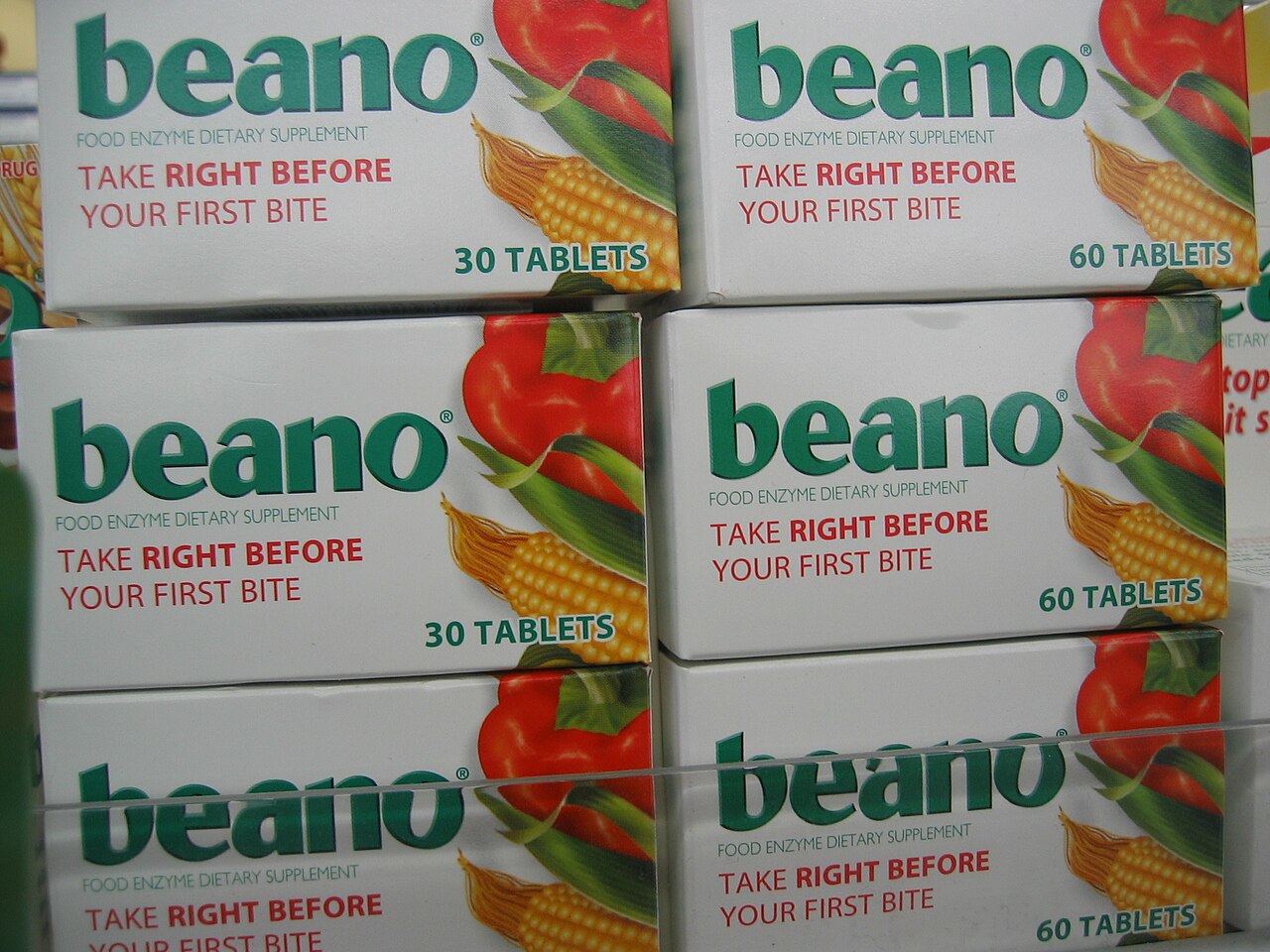 Boxes of Beano dietary supplement, based on the enzyme alpha-galactosidase